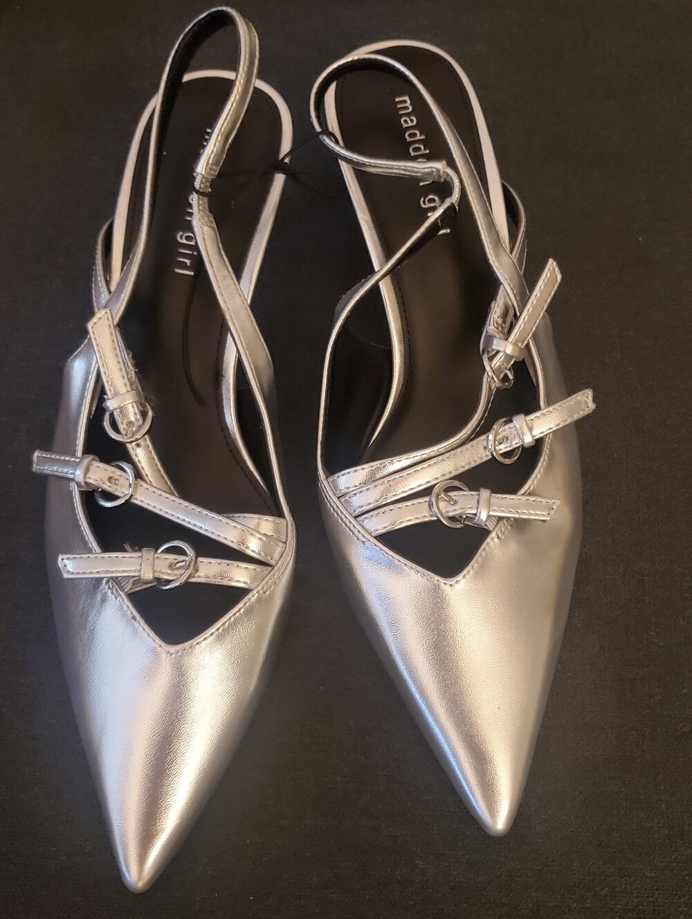 Madden Girl Metallic Silver Pointed Slingback Kitten Heels
